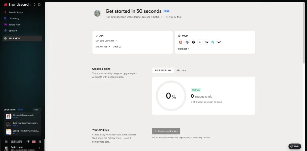 L’onglet API & MCP dans l’application. Le serveur MCP se connecte à Claude, Cursor ou ChatGPT, et le compteur 