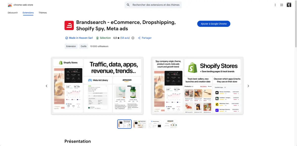 La fiche sur le Chrome Web Store : 4,8 sur 5 pour 58 avis, 10 000 utilisateurs, éditée par Made in Heaven Sarl